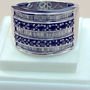 Black round and white baugette diamond 5 row wide 925 band ring size 8